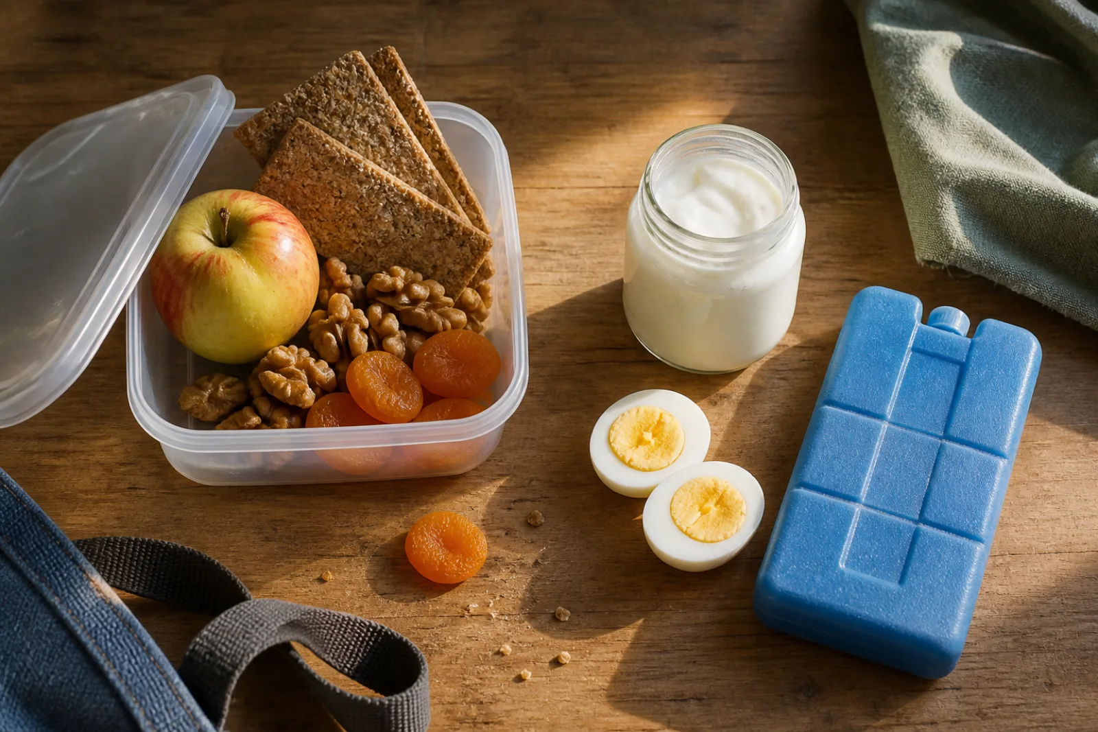 Открытый ланч-бокс с яблоком, хлебцами и орехами, а отдельно на столе — йогурт, половинка яйца и аккумулятор холода